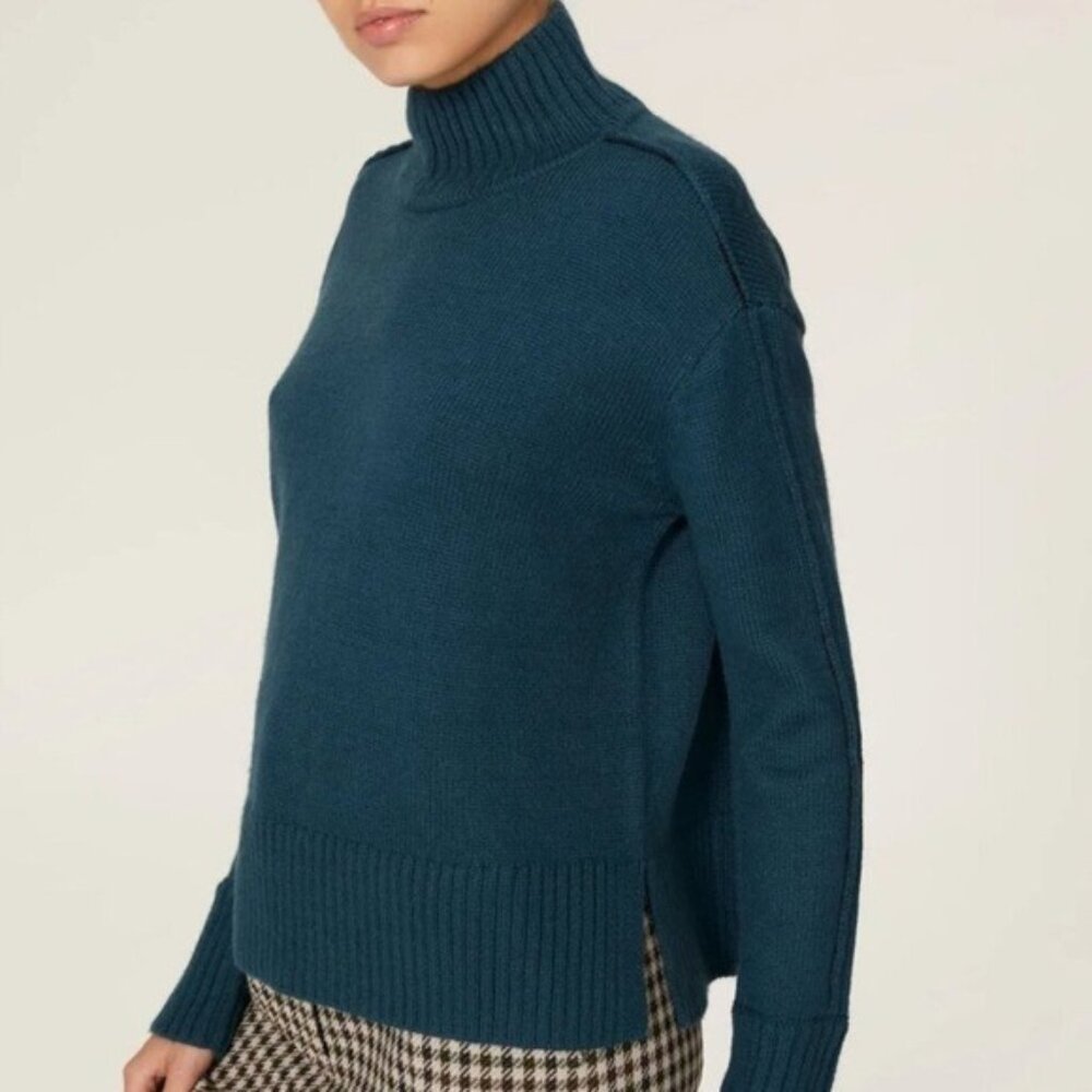 Jason Wu Collective Teal Blue Mock Neck Turtleneck Fall Winter Knit Sweater Wool